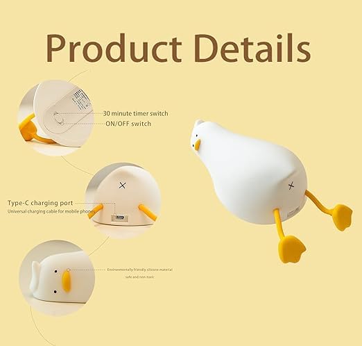 Lying Flat Duck Kids Night Light, Portable LED Baby Night Light Kids Night Lamp, Rechargeable Lamp USB Cartoon Silicone Children Kid Bedroom Decoration