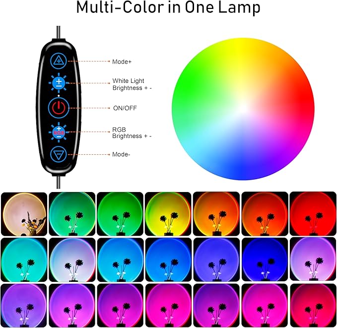 16-Color Sunset Projection Lamp – Remote Control | 3-in-1 RGB LED Mood Light for Bedroom, Kids & Adults